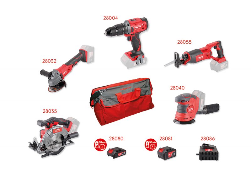 Akku værktøjssæt 20V FESTA – 5 maskiner + batterier, lader, taske
